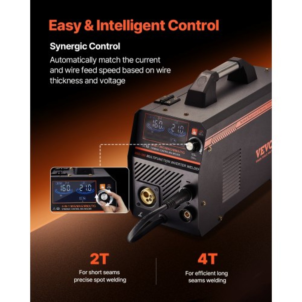 VEVOR MIG Welder, 160A Synergic Mig Welding Machine, 4-in-1 Gas MIG/Flux Core MIG/Stick/Lift TIG Multi-Process Welder Engine with IGBT Inverter Technology and LCD Screen Display
