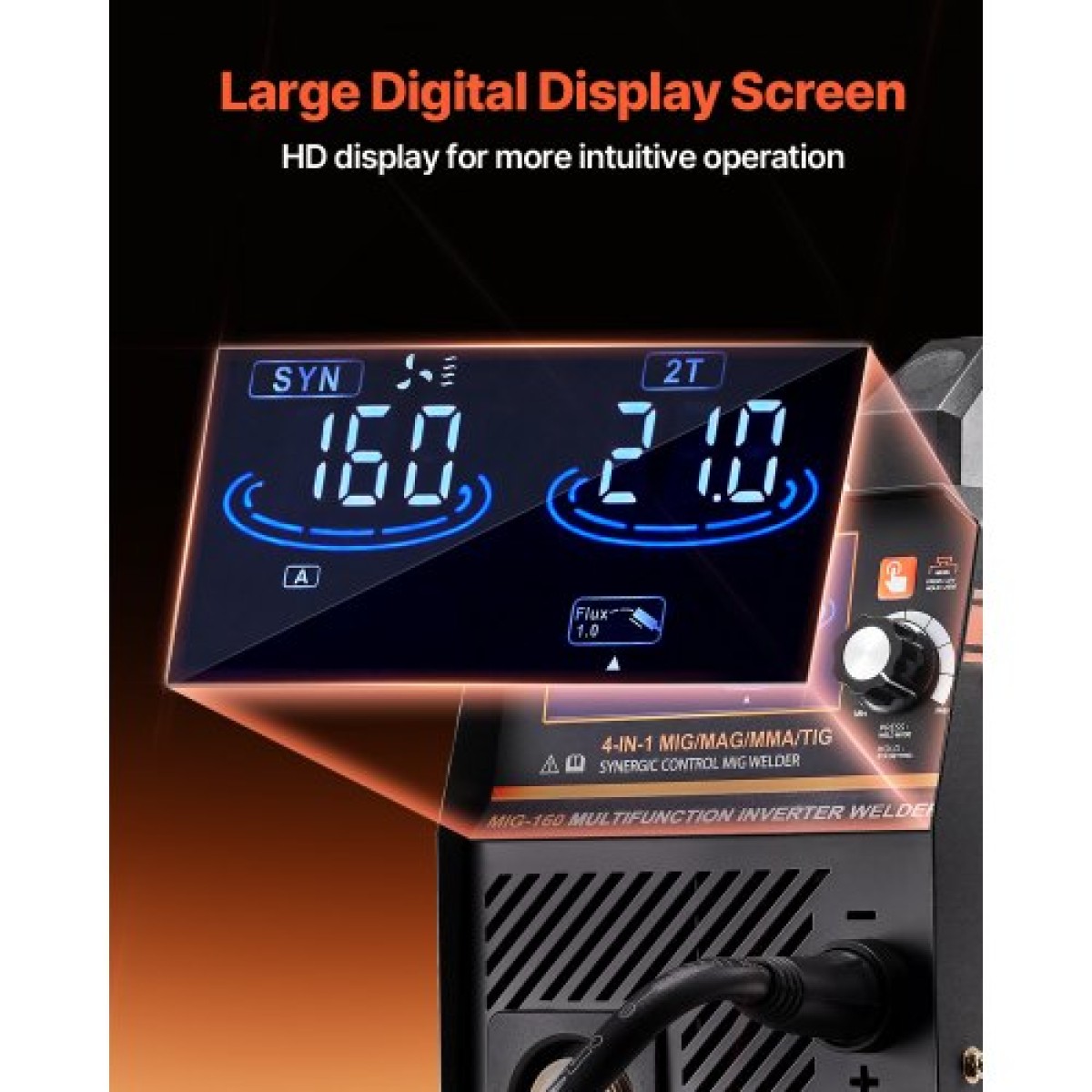 VEVOR MIG Welder, 160A Synergic Mig Welding Machine, 4-in-1 Gas MIG/Flux Core MIG/Stick/Lift TIG Multi-Process Welder Engine with IGBT Inverter Technology and LCD Screen Display