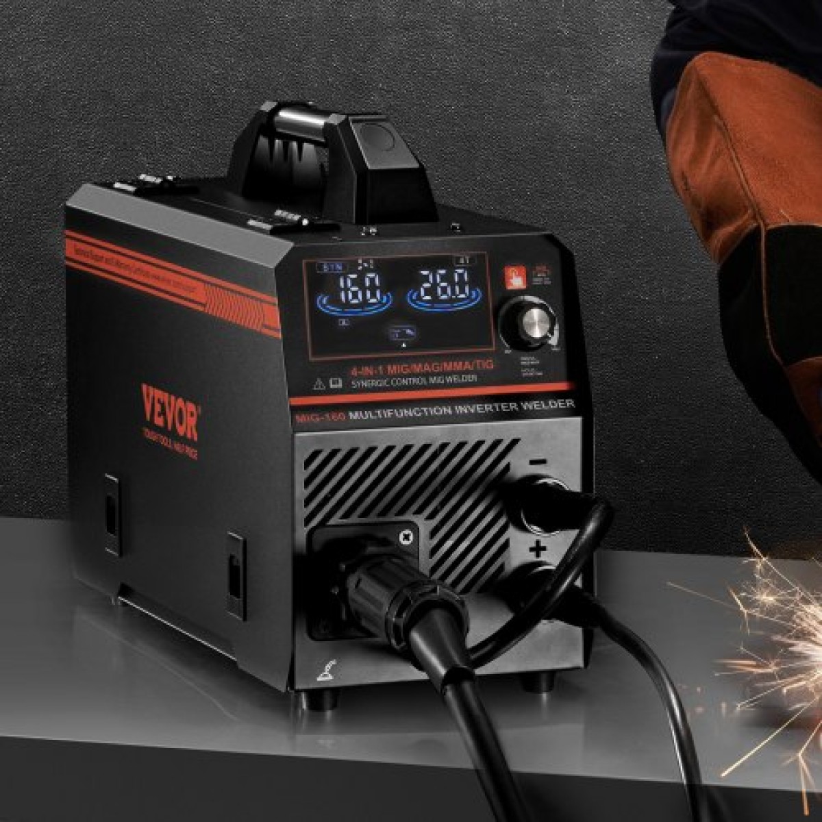 VEVOR MIG Welder, 160A Synergic Mig Welding Machine, 4-in-1 Gas MIG/Flux Core MIG/Stick/Lift TIG Multi-Process Welder Engine with IGBT Inverter Technology and LCD Screen Display