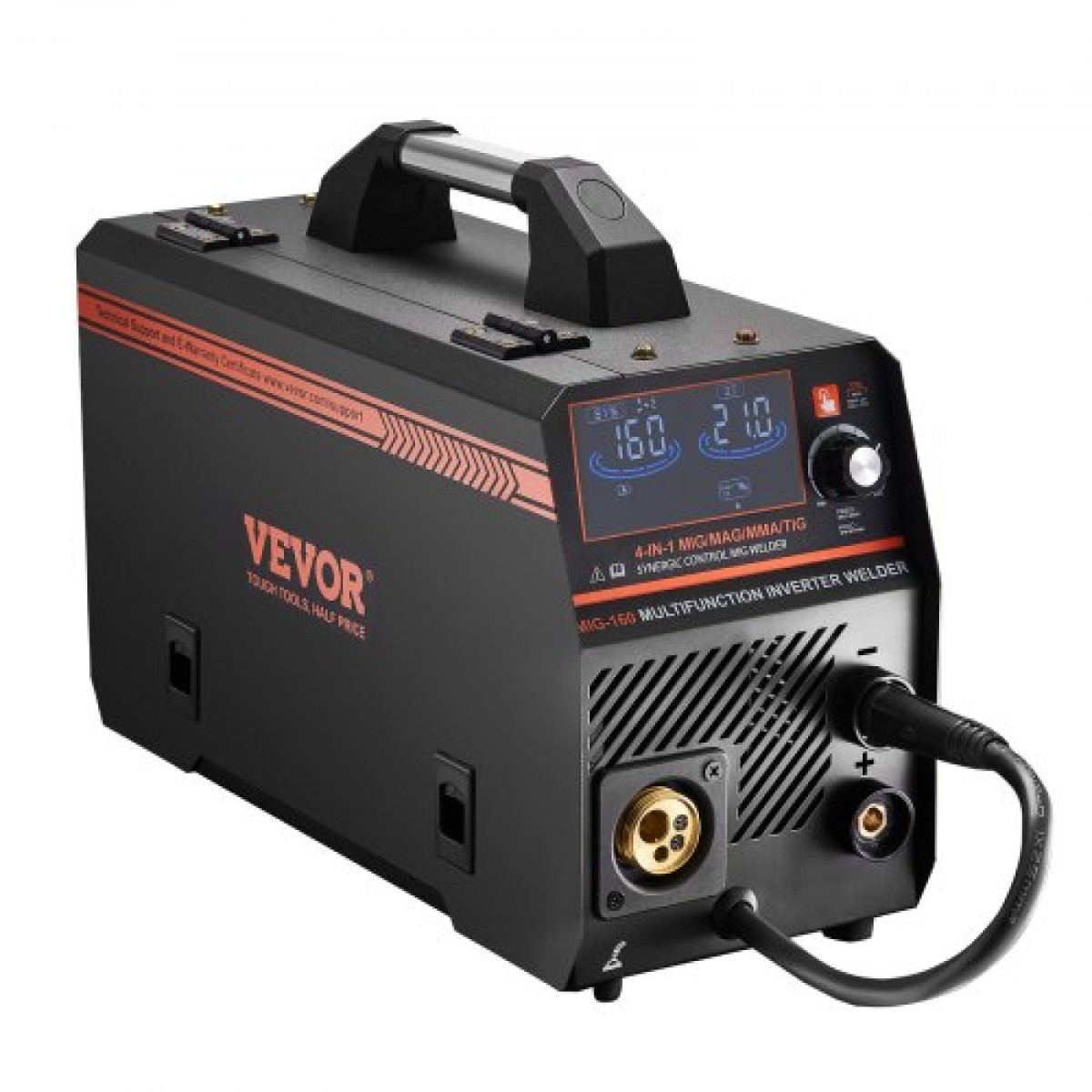 VEVOR MIG Welder, 160A Synergic Mig Welding Machine, 4-in-1 Gas MIG/Flux Core MIG/Stick/Lift TIG Multi-Process Welder Engine with IGBT Inverter Technology and LCD Screen Display