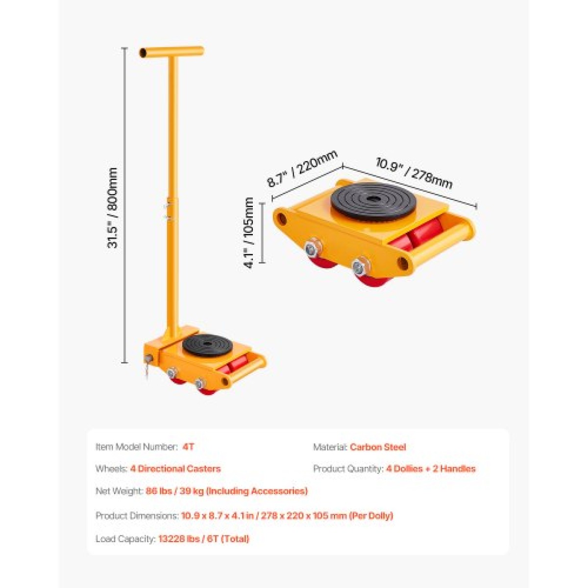 VEVOR Machine Skate, 6T Machinery Skate Dolly, 13228 lbs Machinery Moving Skate, Machinery Mover Skate με καπάκι περιστροφής 360° και κατευθυντικούς κυλίνδρους PU, βιομηχανικός εξοπλισμός βαρέως τύπου, κίτρινο