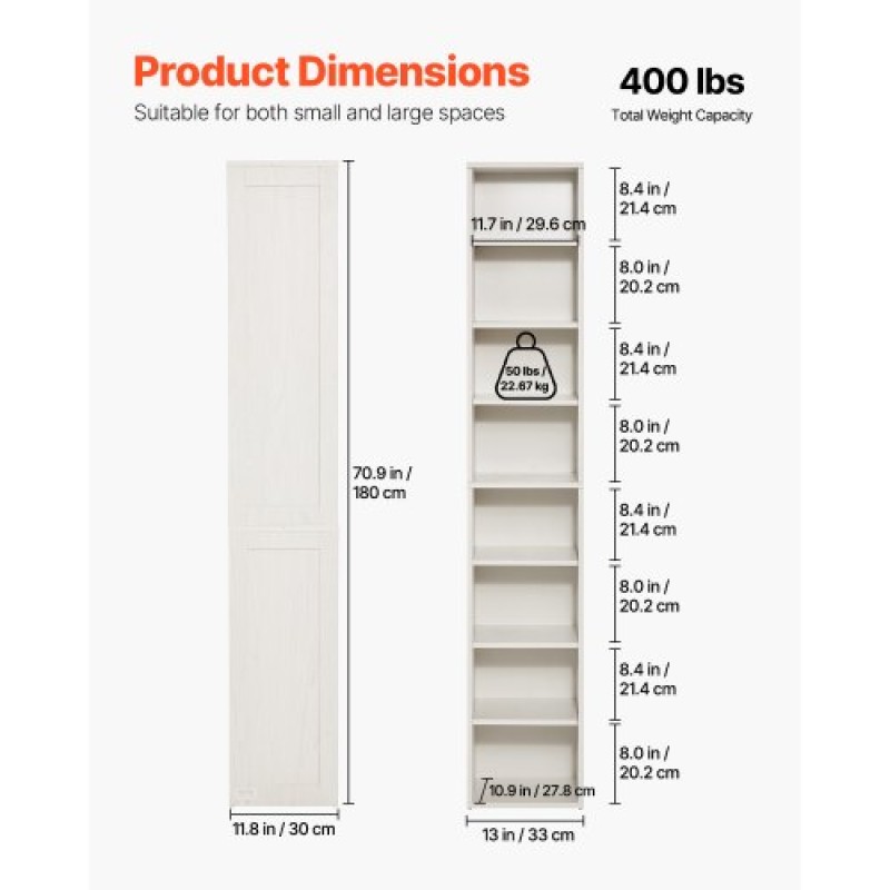 VEVOR 8 Tiers Narrow Bookshelf 71" Wooden Open Bookcase Adjustable Shelf White