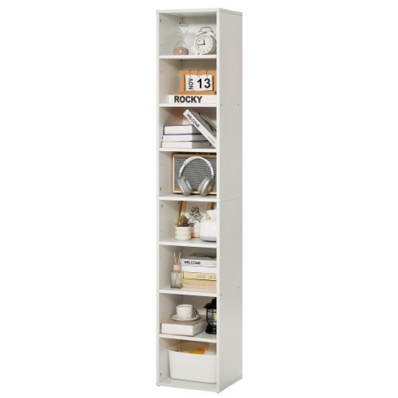 VEVOR 8 Tiers Narrow Bookshelf 71" Wooden Open Bookcase Adjustable Shelf White