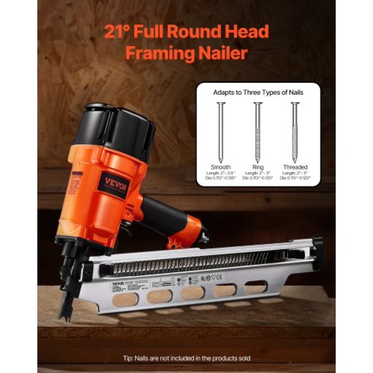 VEVOR Framing Nailer, 50 έως 90 mm 21 Degree Full Round Head πνευματικό καρφωτικό πλαισίωσης με λειτουργίες διπλής σκανδάλης & ρύθμιση βάθους χωρίς εργαλεία, 80-120 PSI Pro Air Nail Gun για πλαισίωση δαπέδων δαπέδου