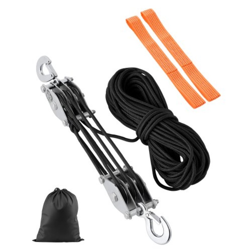 VEVOR 4400 lbs Breaking Strength 100 FT Rope Pulley Hoist, 5:1 Σύστημα τροχαλίας βαρέως τύπου ανύψωσης με 2 τμχ μαλακούς βρόχους, μεταλλικούς τροχούς που φέρουν δομή, μπλοκ και όργανο για την ανύψωση βαρέων αντικειμένων