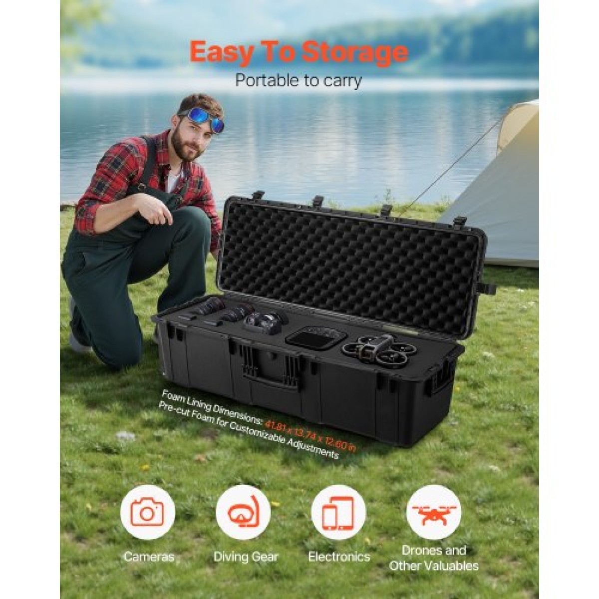 Αδιάβροχη σκληρή θήκη VEVOR 5.5 Cu.ft, Αδιάβροχη σκληρή θήκη μεγάλης χωρητικότητας με 3 λαβές, αδιάβροχη προστατευτική θήκη IP67 με 6 κλιπ, 6 τρύπες για λουκέτο και αφρός για μεγάλο εξοπλισμό, μαύρο