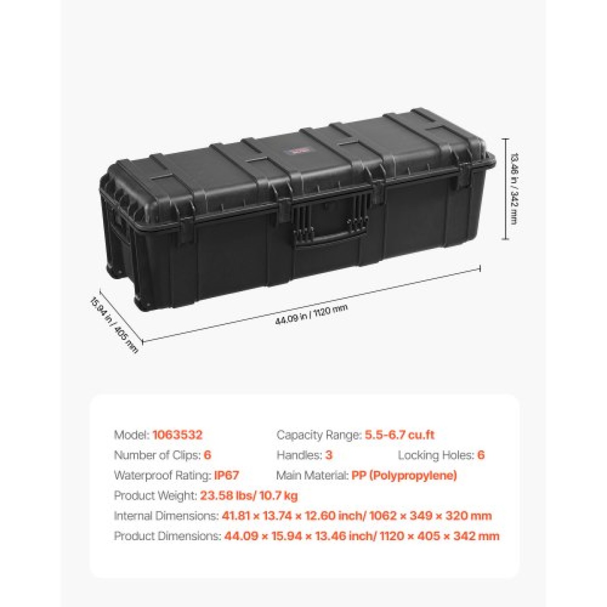 Αδιάβροχη σκληρή θήκη VEVOR 5.5 Cu.ft, Αδιάβροχη σκληρή θήκη μεγάλης χωρητικότητας με 3 λαβές, αδιάβροχη προστατευτική θήκη IP67 με 6 κλιπ, 6 τρύπες για λουκέτο και αφρός για μεγάλο εξοπλισμό, μαύρο