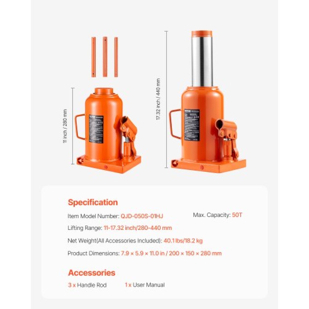 VEVOR Hydraulic Bottle Jack, 50 Ton/110231 lbs Welded Bottle Jack with 11''-17,32'' Lifting Range & 3-Section Long Handle, for Car, Pickup, Truck, RV, Auto Repair, Industrial Engineering