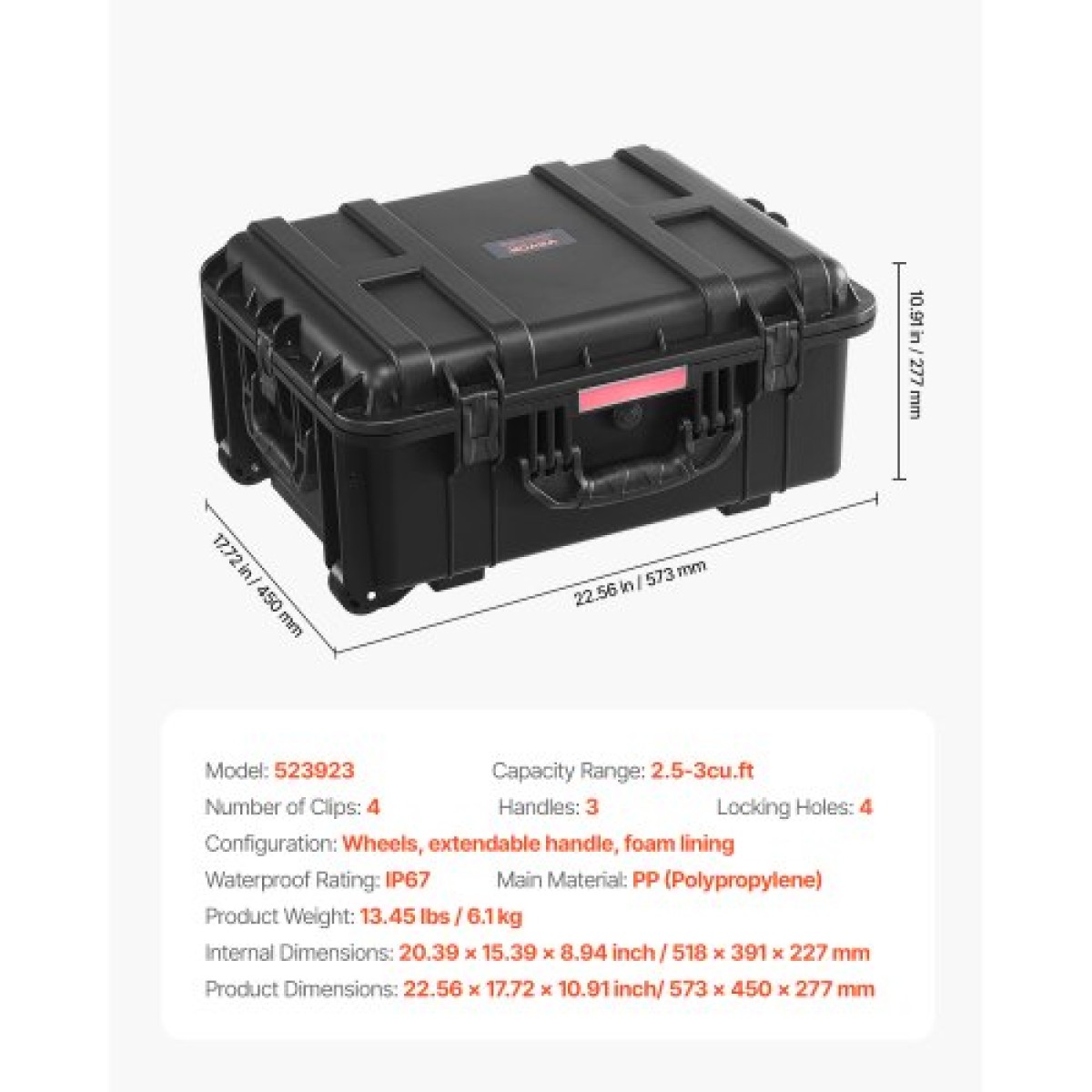 Αδιάβροχη σκληρή θήκη VEVOR 2.5 Cu.ft, αδιάβροχη σκληρή θήκη με κυλιόμενους τροχούς και ανασυρόμενη λαβή έλξης, αδιάβροχη προστατευτική θήκη IP67 με 4 κλιπ, 4 τρύπες για λουκέτο και τοποθετημένο αφρό, μαύρο