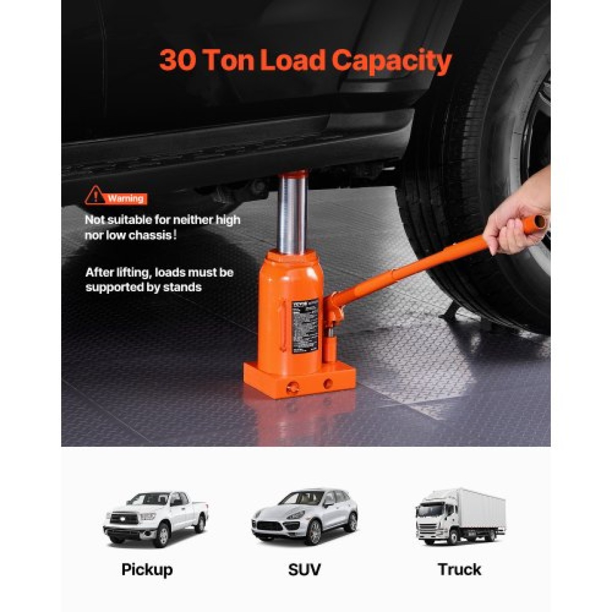 VEVOR Hydraulic Bottle Jack, 30 Ton/66138 lbs Welded Bottle Jack with 11,22''-18,66'' Lifting Range & 3-Section Long Handle, for Car, Pickup, Truck, RV, Auto Repair, Industrial Engineering