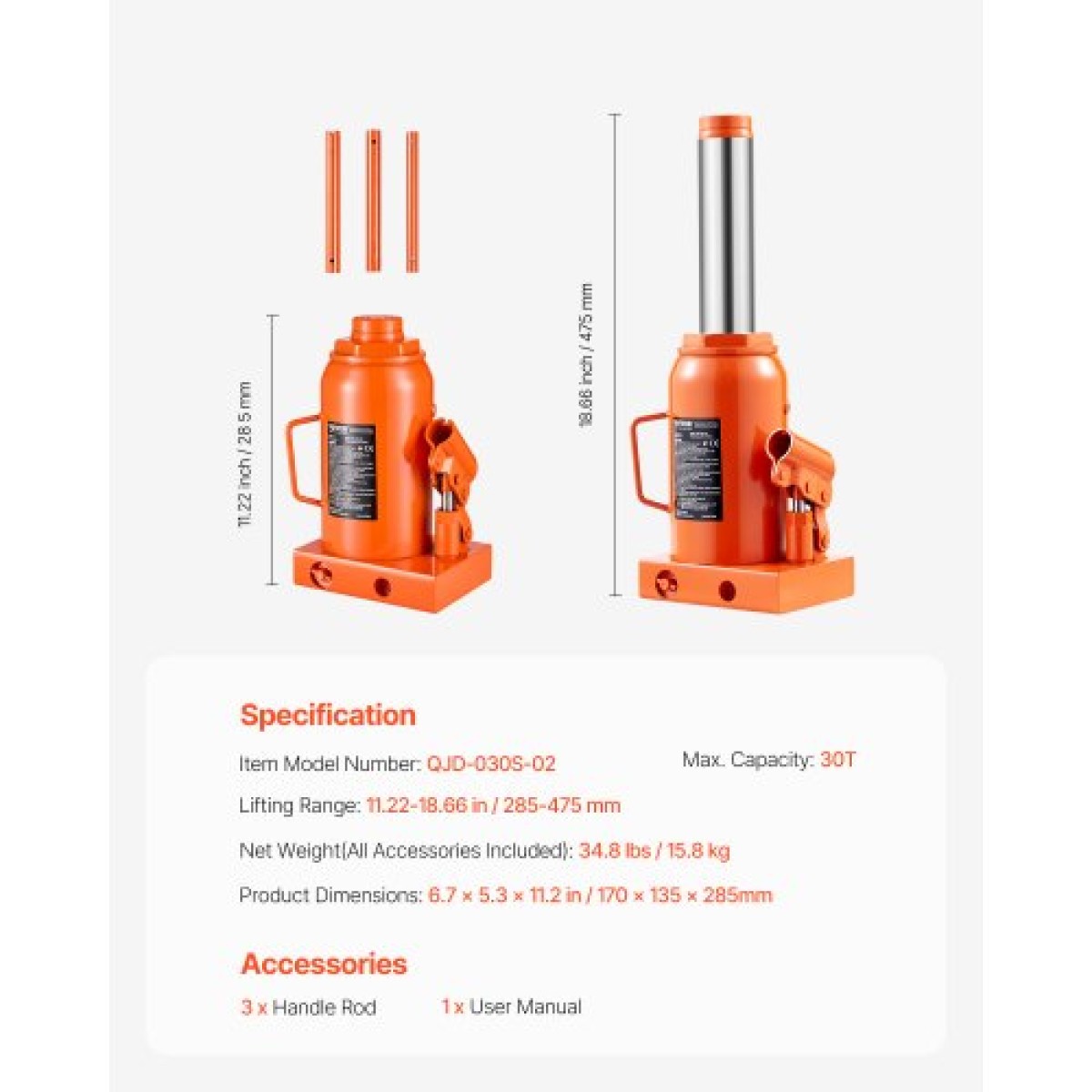 VEVOR Hydraulic Bottle Jack, 30 Ton/66138 lbs Welded Bottle Jack with 11,22''-18,66'' Lifting Range & 3-Section Long Handle, for Car, Pickup, Truck, RV, Auto Repair, Industrial Engineering
