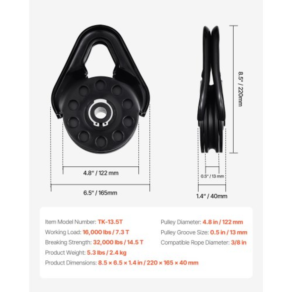 VEVOR 14,5 Ton Snatch Block για ανάκτηση βαρούλκου, Heavy Duty 32.000 lbs Strength Break, Work with 3/8 inch Rope, Compact Offroad Recovery εξάρτημα για ρυμούλκηση και ανάκτηση σε φορτηγό, τρακτέρ, ATV & UTV