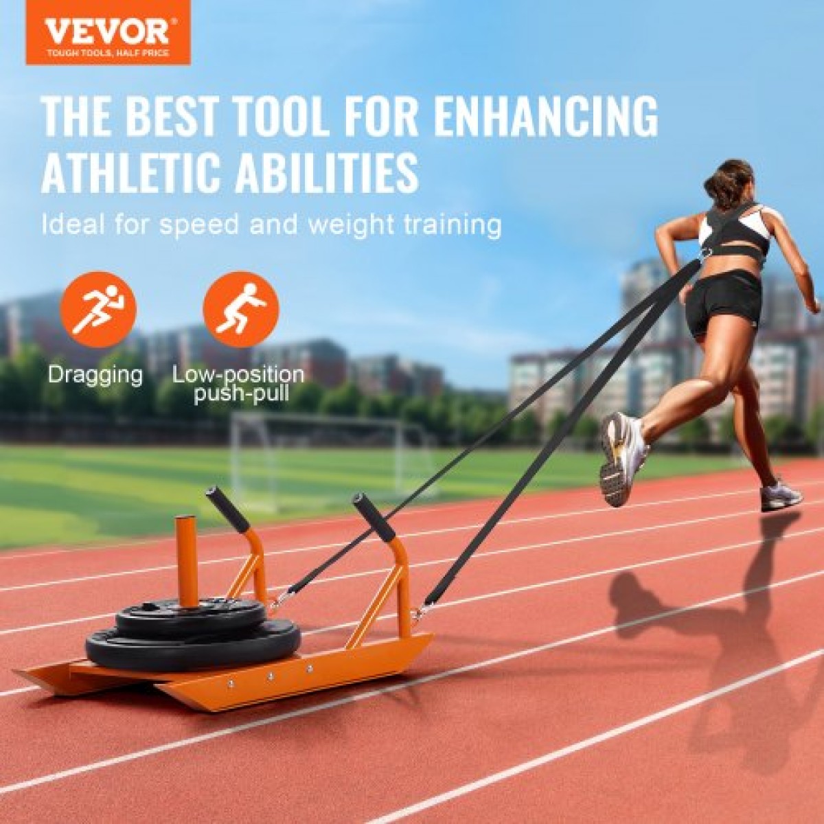 VEVOR Weight Training Pull Sled, Fitness Strength Speed ​​Training Sled with Handle, Steel Power Sled Εξοπλισμός προπόνησης για αθλητική άσκηση και βελτίωση ταχύτητας, κατάλληλο για πιάτο βάρους 1"&2", πορτοκαλί