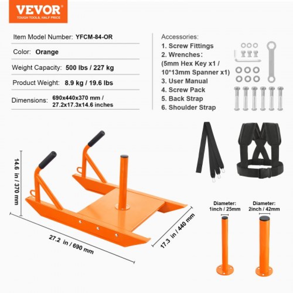 VEVOR Weight Training Pull Sled, Fitness Strength Speed ​​Training Sled with Handle, Steel Power Sled Εξοπλισμός προπόνησης για αθλητική άσκηση και βελτίωση ταχύτητας, κατάλληλο για πιάτο βάρους 1"&2", πορτοκαλί