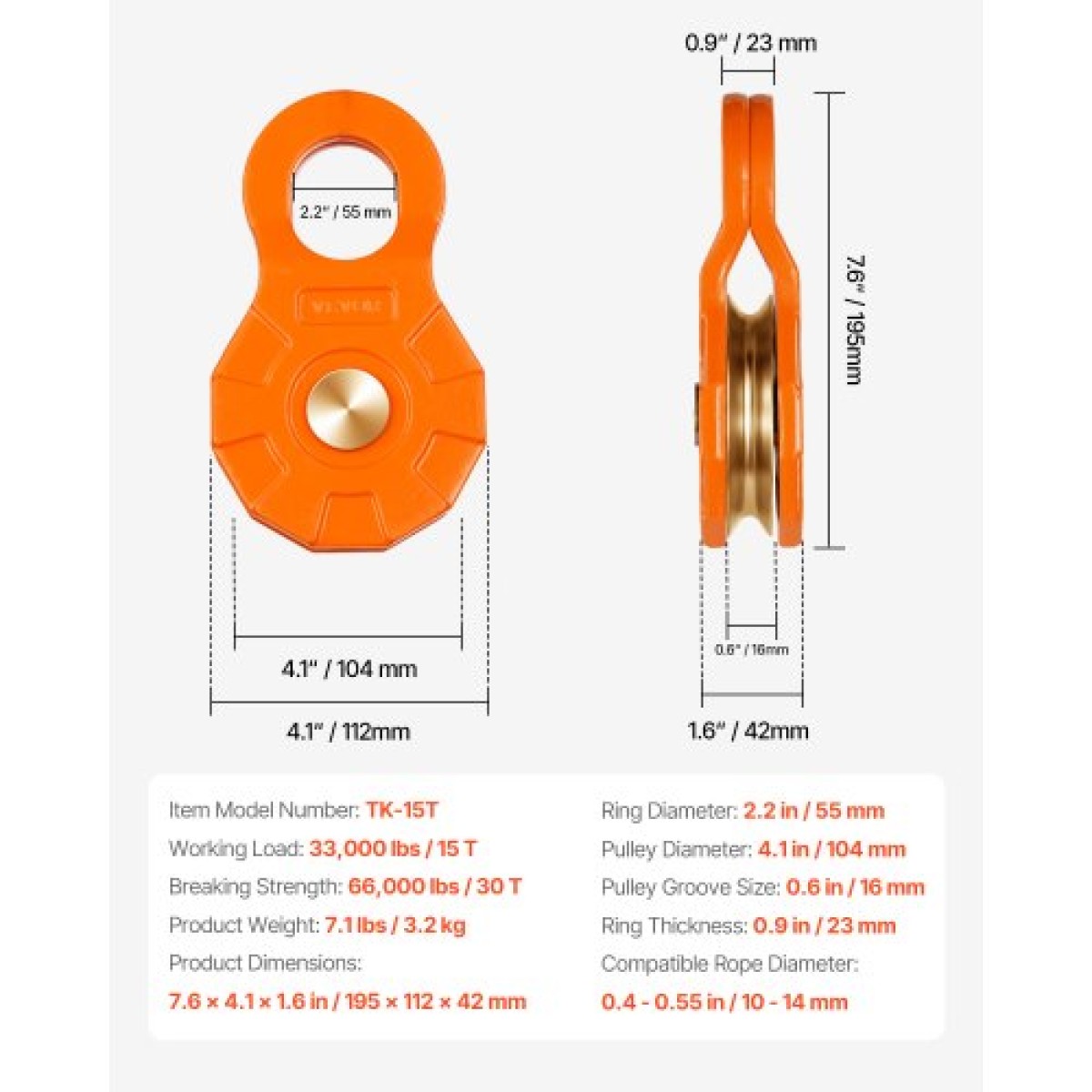 VEVOR 30 T Snatch Block για ανάκτηση βαρούλκου, 66.000 lbs Σύστημα τροχαλίας αντοχής σε θραύση με σχοινί 0,4" - 0,55", Αξεσουάρ βαρέως τύπου Offroad Recovery για ρυμούλκηση και ανάκτηση σε φορτηγό, τρακτέρ, ATV & UTV