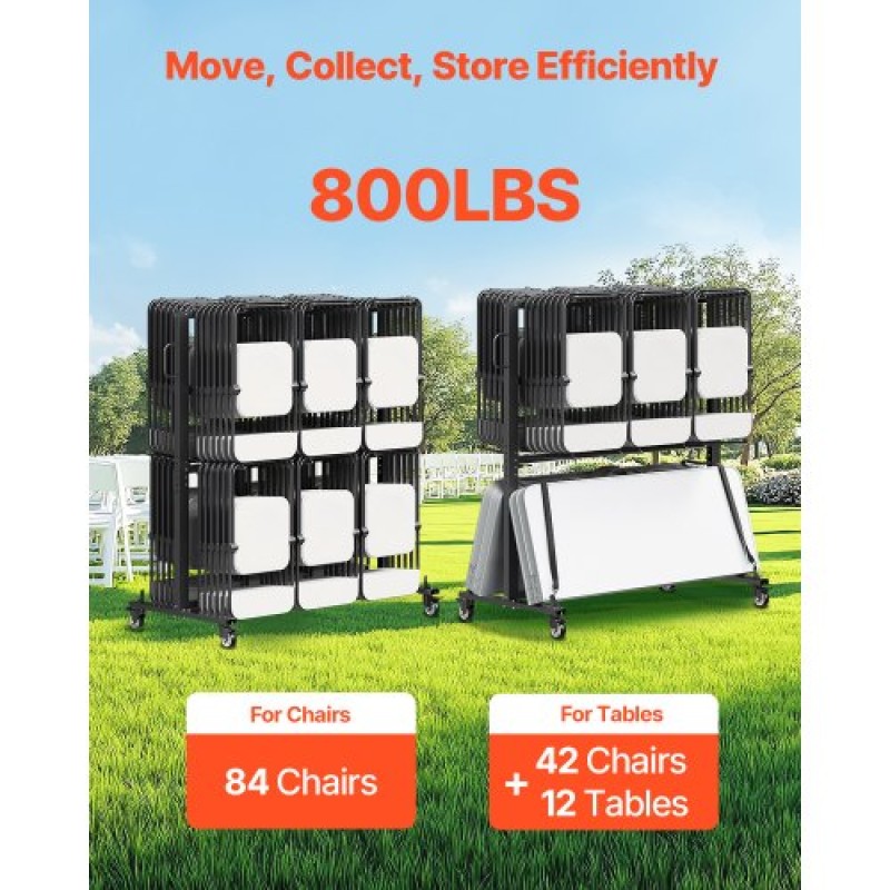 Πτυσσόμενη βάση καρέκλας VEVOR, χωρητικότητα 800 LBS, Καρέκλα βαρέως τύπου για 84 καρέκλες/ 12 τραπέζια+42 καρέκλες, κούκλα αποθήκευσης καρέκλας διπλής στρώσης με ελαστικούς τροχούς και θήκες, μεγάλη βάση καρέκλας, ματ μαύρο