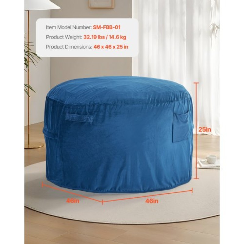 Καρέκλα VEVOR Bean Bag, στρογγυλή καρέκλα BeanBag με αφαιρούμενο και πλενόμενο κάλυμμα για ενήλικες, ολλανδικό βελούδο & αφρό υψηλής πυκνότητας με γέμιση για ενήλικες Bean bag με λαβή και πλαϊνή τσέπη για σαλόνι, υπνοδωμάτιο, μπλε