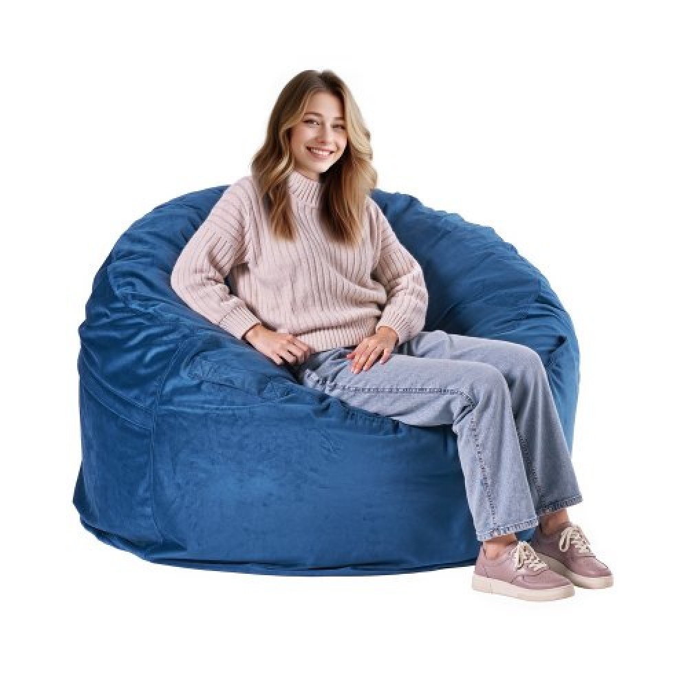 Καρέκλα VEVOR Bean Bag, στρογγυλή καρέκλα BeanBag με αφαιρούμενο και πλενόμενο κάλυμμα για ενήλικες, ολλανδικό βελούδο & αφρό υψηλής πυκνότητας με γέμιση για ενήλικες Bean bag με λαβή και πλαϊνή τσέπη για σαλόνι, υπνοδωμάτιο, μπλε