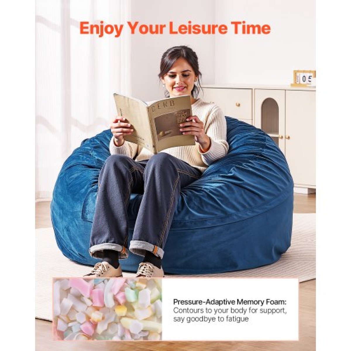 Καρέκλα VEVOR Bean Bag, στρογγυλή καρέκλα BeanBag με αφαιρούμενο και πλενόμενο κάλυμμα για ενήλικες, ολλανδικό βελούδο & αφρό υψηλής πυκνότητας με γέμιση για ενήλικες Bean bag με λαβή και πλαϊνή τσέπη για σαλόνι, υπνοδωμάτιο, μπλε