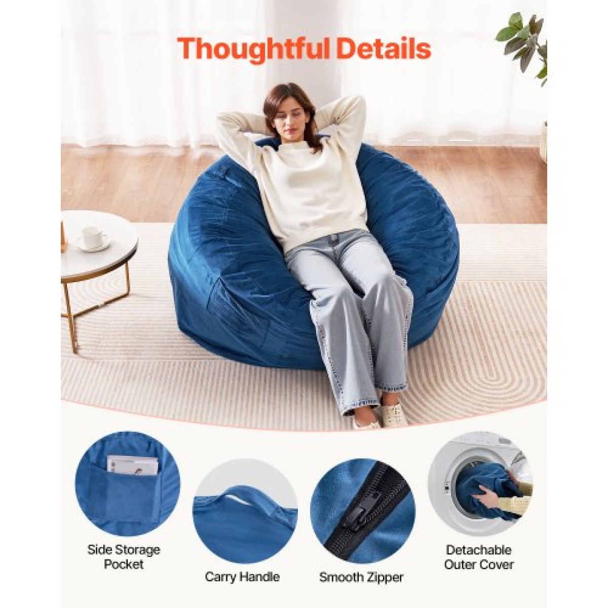 Καρέκλα VEVOR Bean Bag, στρογγυλή καρέκλα BeanBag με αφαιρούμενο και πλενόμενο κάλυμμα για ενήλικες, ολλανδικό βελούδο & αφρό υψηλής πυκνότητας με γέμιση για ενήλικες Bean bag με λαβή και πλαϊνή τσέπη για σαλόνι, υπνοδωμάτιο, μπλε