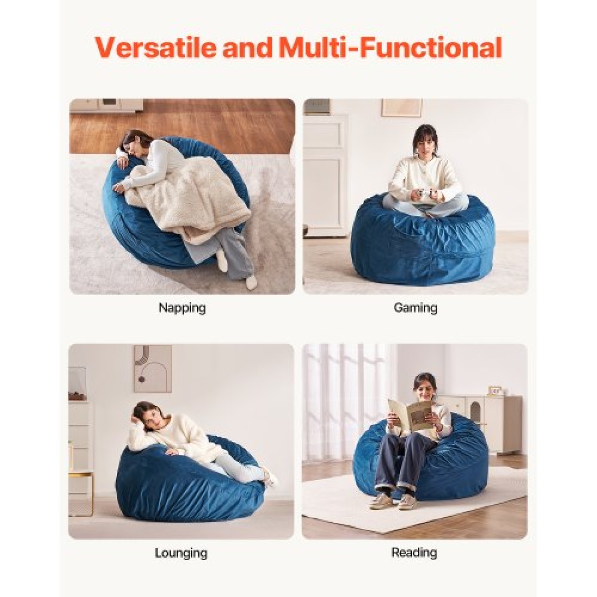 Καρέκλα VEVOR Bean Bag, στρογγυλή καρέκλα BeanBag με αφαιρούμενο και πλενόμενο κάλυμμα για ενήλικες, ολλανδικό βελούδο & αφρό υψηλής πυκνότητας με γέμιση για ενήλικες Bean bag με λαβή και πλαϊνή τσέπη για σαλόνι, υπνοδωμάτιο, μπλε