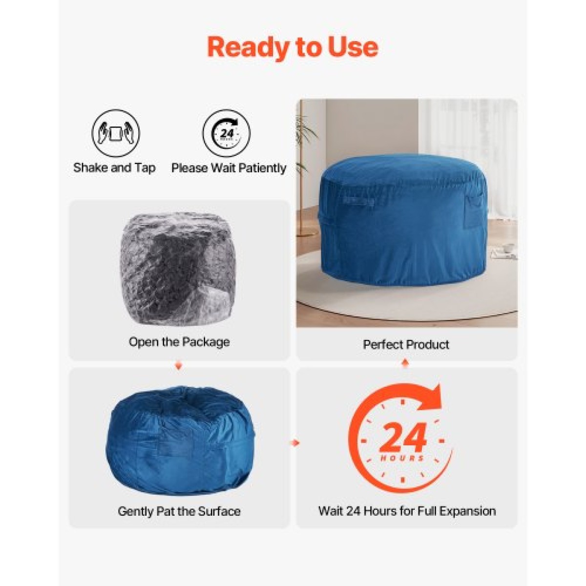 Καρέκλα VEVOR Bean Bag, στρογγυλή καρέκλα BeanBag με αφαιρούμενο και πλενόμενο κάλυμμα για ενήλικες, ολλανδικό βελούδο & αφρό υψηλής πυκνότητας με γέμιση για ενήλικες Bean bag με λαβή και πλαϊνή τσέπη για σαλόνι, υπνοδωμάτιο, μπλε