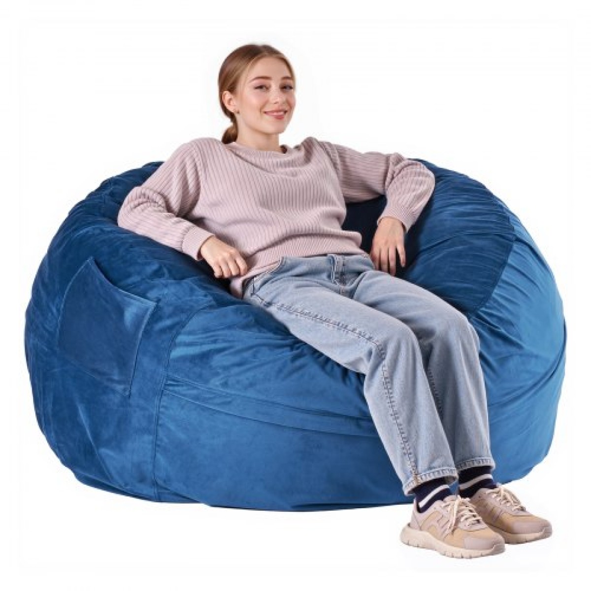Καρέκλα VEVOR Bean Bag, στρογγυλή καρέκλα BeanBag με αφαιρούμενο και πλενόμενο κάλυμμα για ενήλικες, ολλανδικό βελούδο & αφρό υψηλής πυκνότητας με γέμιση για ενήλικες Bean bag με λαβή και πλαϊνή τσέπη για σαλόνι, υπνοδωμάτιο, μπλε