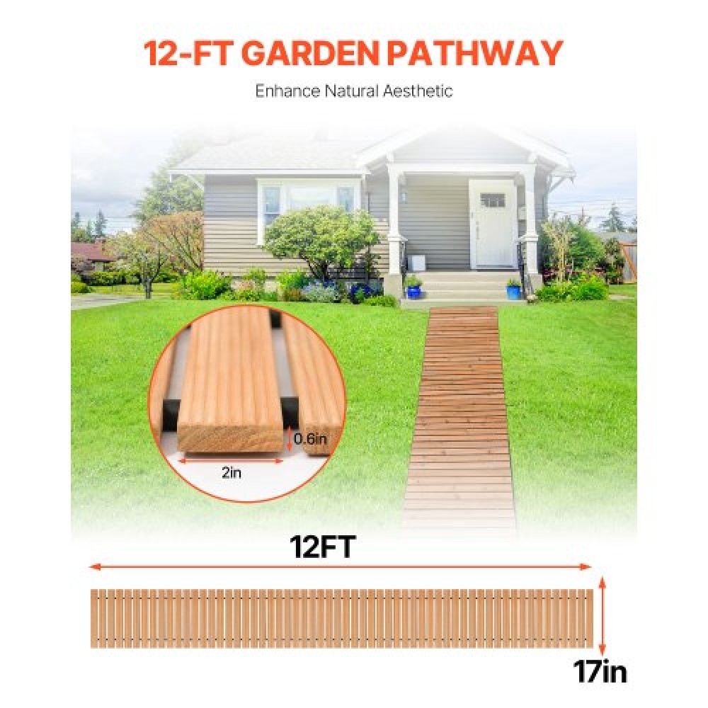 VEVOR Wooden Garden Pathway, 12 ft L x 17 in W, Αντιολισθητικός ίσιος διάδρομος κήπου, Roll Out Cedar Outdoor Walkway Path με συρματόσχοινο, Διακοσμητικός πλακόστρωτος κήπου για γαμήλιο πάρτι στην πίσω αυλή