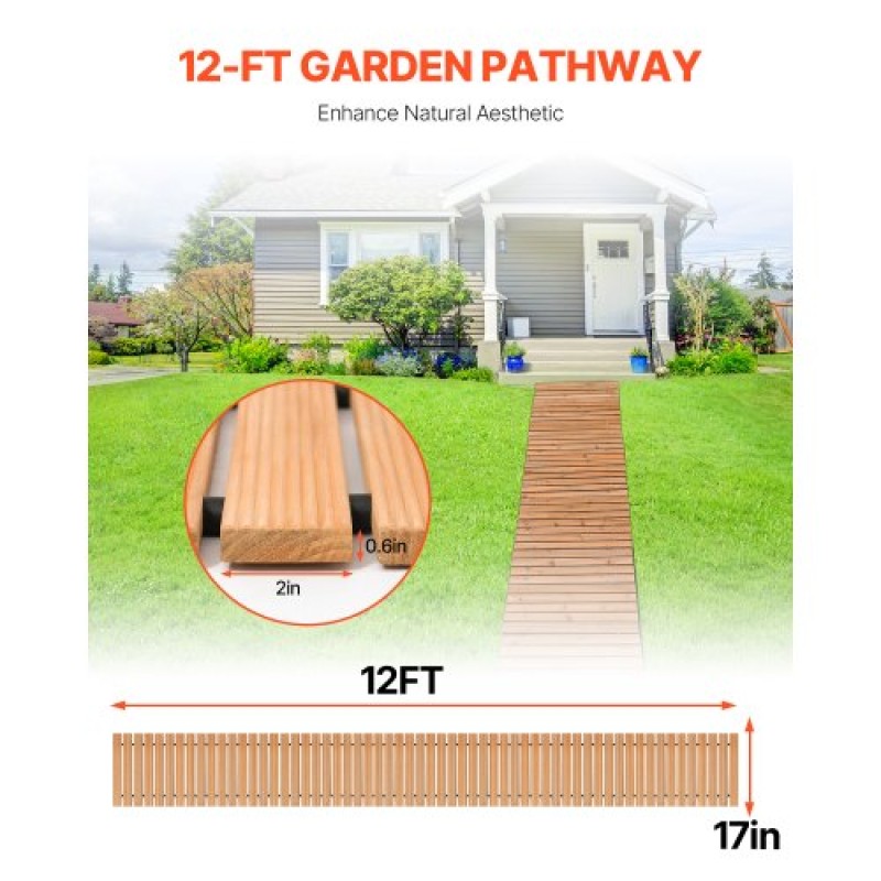 VEVOR Wooden Garden Pathway, 12 ft L x 17 in W, Αντιολισθητικός ίσιος διάδρομος κήπου, Roll Out Cedar Outdoor Walkway Path με συρματόσχοινο, Διακοσμητικός πλακόστρωτος κήπου για γαμήλιο πάρτι στην πίσω αυλή