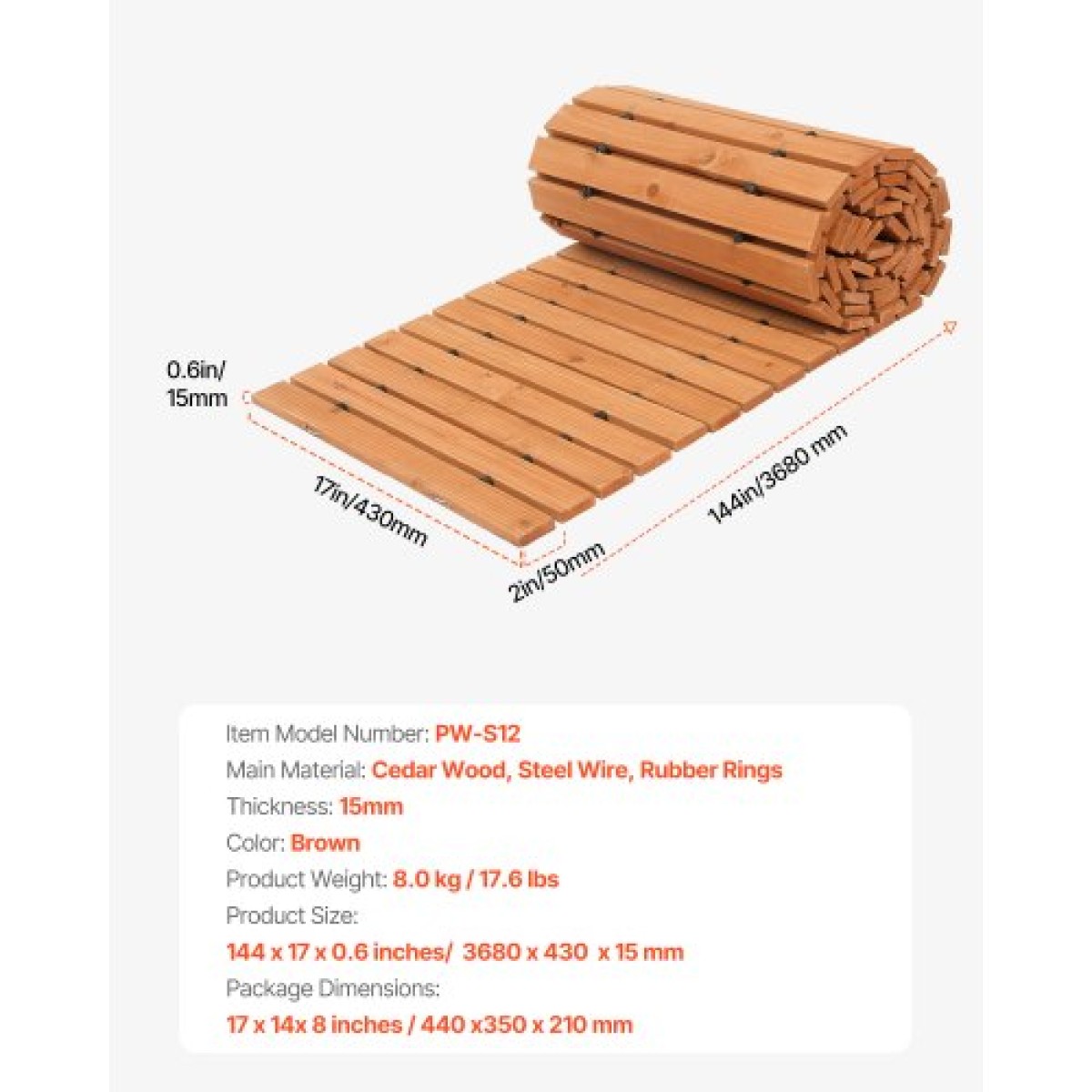VEVOR Wooden Garden Pathway, 12 ft L x 17 in W, Αντιολισθητικός ίσιος διάδρομος κήπου, Roll Out Cedar Outdoor Walkway Path με συρματόσχοινο, Διακοσμητικός πλακόστρωτος κήπου για γαμήλιο πάρτι στην πίσω αυλή