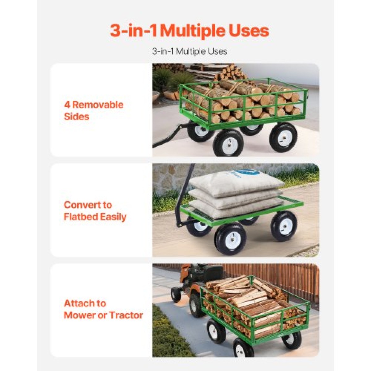 VEVOR 1200 Lbs Steel Garden Cart, Heavy Duty Pullable Garden Wagon Yard Cart, 2 in 1 Outdoor Metal Utility Wagon Yard Trailer με ελαστικά παντός εδάφους 13", αφαιρούμενες πλευρές από πλέγμα και περιστρεφόμενη λαβή 180°