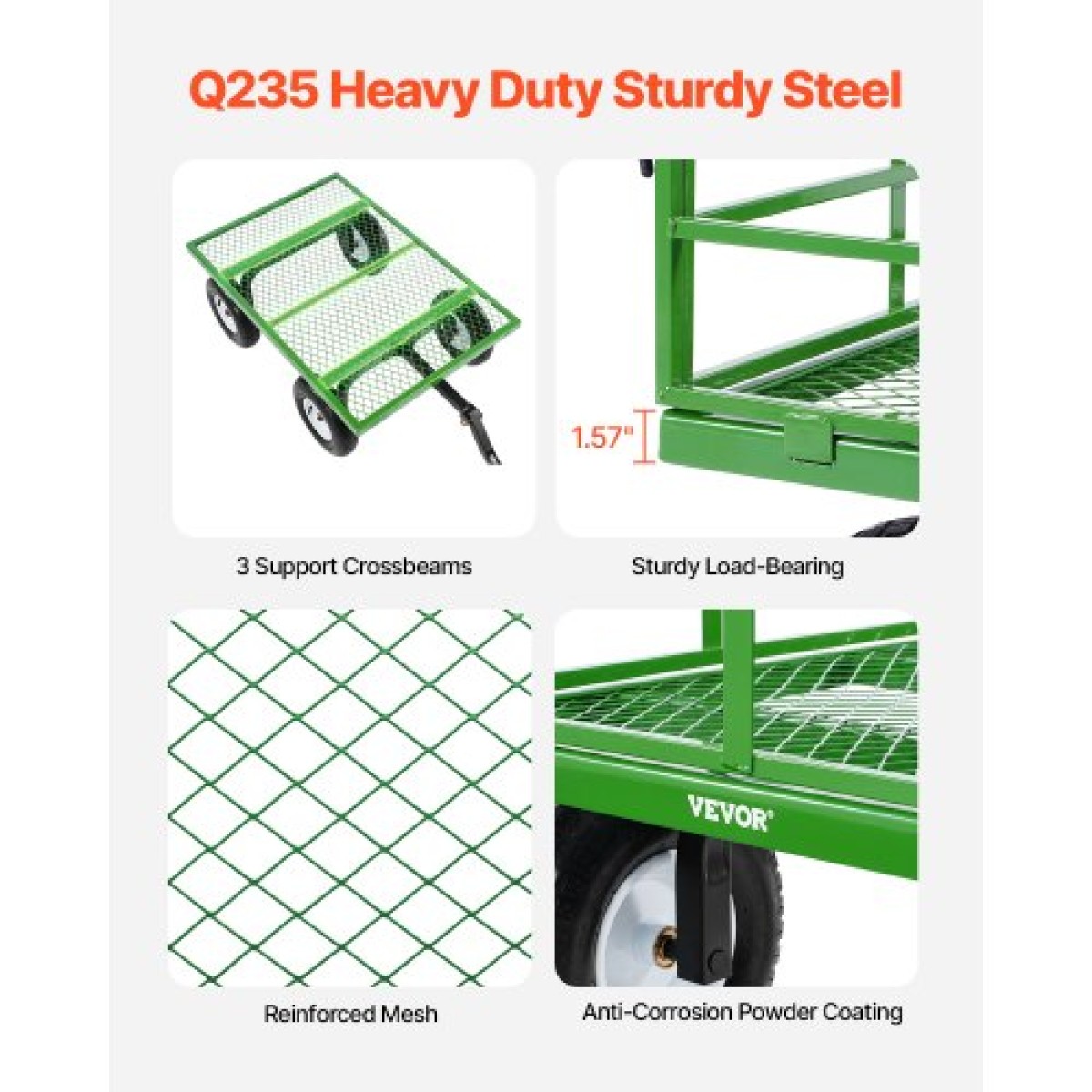 VEVOR 1200 Lbs Steel Garden Cart, Heavy Duty Pullable Garden Wagon Yard Cart, 2 in 1 Outdoor Metal Utility Wagon Yard Trailer με ελαστικά παντός εδάφους 13", αφαιρούμενες πλευρές από πλέγμα και περιστρεφόμενη λαβή 180°