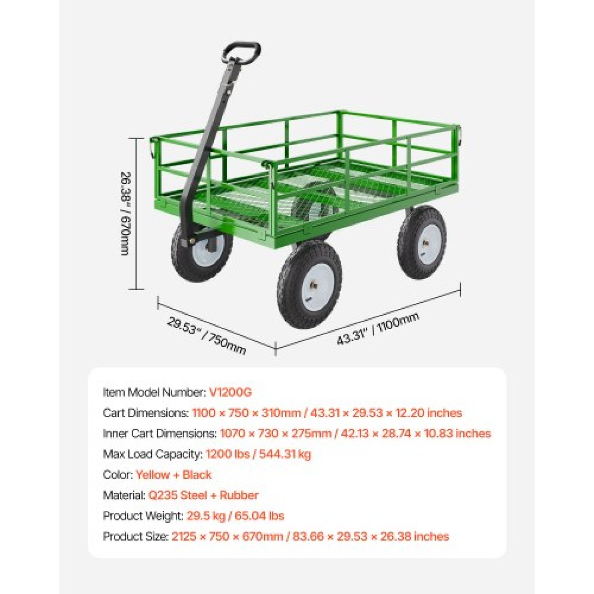 VEVOR 1200 Lbs Steel Garden Cart, Heavy Duty Pullable Garden Wagon Yard Cart, 2 in 1 Outdoor Metal Utility Wagon Yard Trailer με ελαστικά παντός εδάφους 13", αφαιρούμενες πλευρές από πλέγμα και περιστρεφόμενη λαβή 180°
