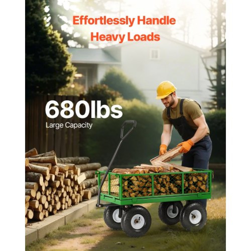VEVOR 680 Lbs Steel Garden Cart on Wheels, Heavy Duty Garden Wagon Cart Pullable, Metal Outdoor Utility Yard Wagon Carts με ελαστικά 10", Mesh αφαιρούμενα πλαϊνά και περιστρεφόμενη λαβή 180°