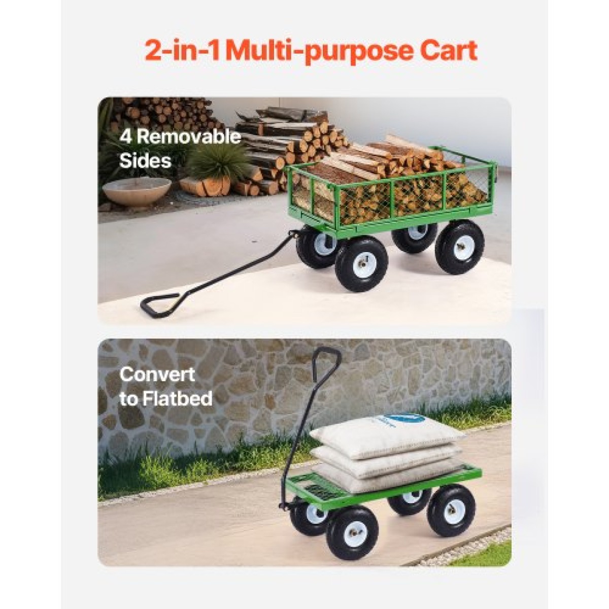 VEVOR 680 Lbs Steel Garden Cart on Wheels, Heavy Duty Garden Wagon Cart Pullable, Metal Outdoor Utility Yard Wagon Carts με ελαστικά 10", Mesh αφαιρούμενα πλαϊνά και περιστρεφόμενη λαβή 180°