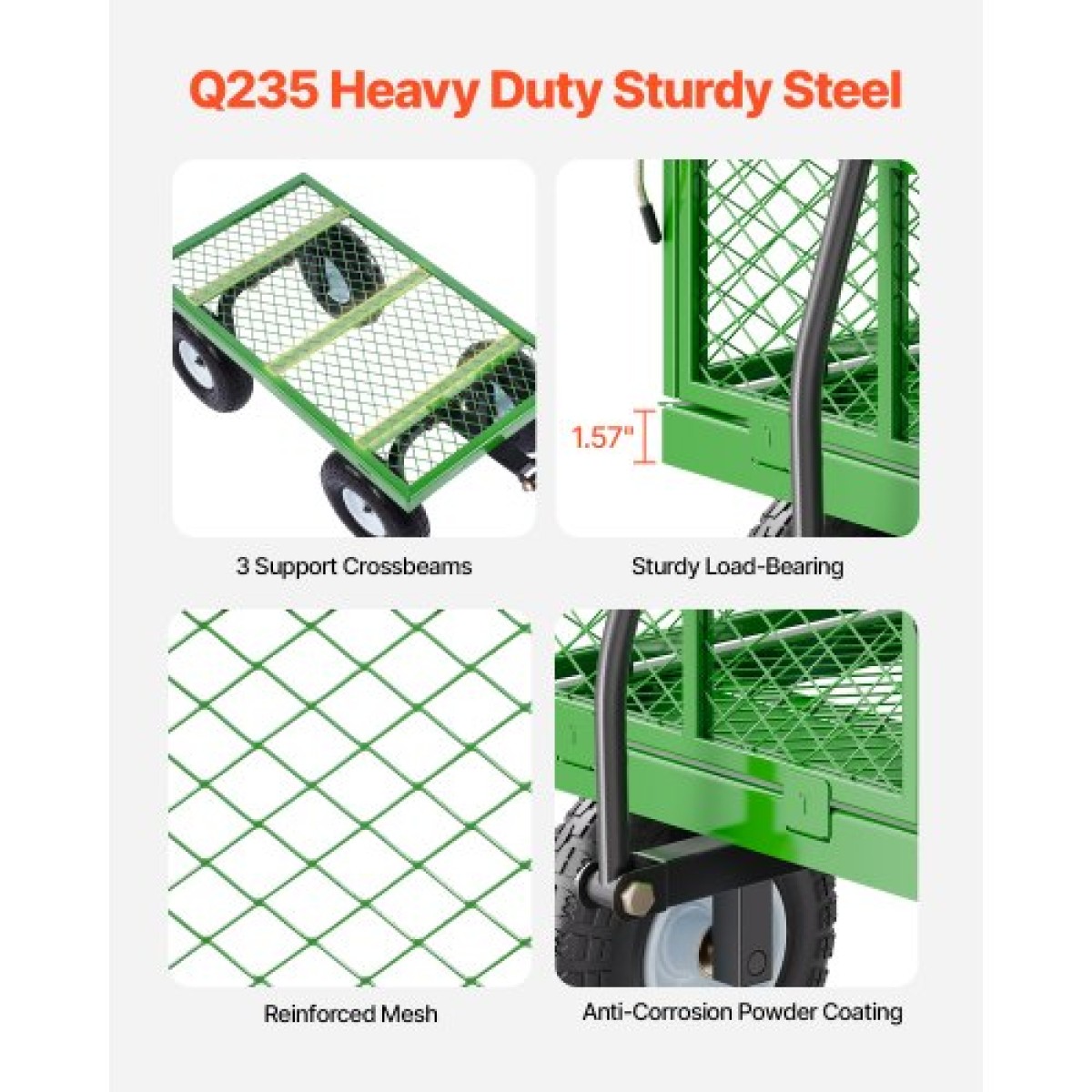 VEVOR 680 Lbs Steel Garden Cart on Wheels, Heavy Duty Garden Wagon Cart Pullable, Metal Outdoor Utility Yard Wagon Carts με ελαστικά 10", Mesh αφαιρούμενα πλαϊνά και περιστρεφόμενη λαβή 180°
