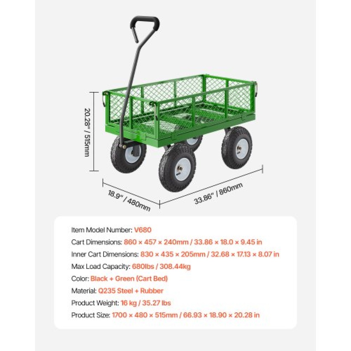 VEVOR 680 Lbs Steel Garden Cart on Wheels, Heavy Duty Garden Wagon Cart Pullable, Metal Outdoor Utility Yard Wagon Carts με ελαστικά 10", Mesh αφαιρούμενα πλαϊνά και περιστρεφόμενη λαβή 180°