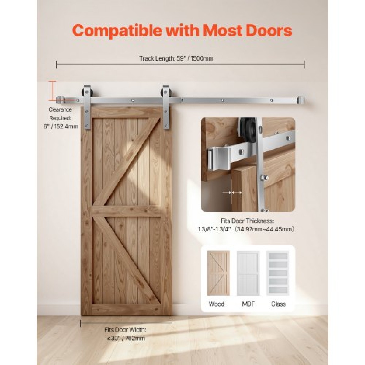 Σετ υλικού συρόμενης πόρτας αχυρώνα VEVOR 5FT, χωρητικότητα βάρους 330 LBS, Συμβατό με μέγιστο πλάτος 30 ίντσες & 1-3/8 έως 1-3/4 ίντσες Πάχος μονή συρόμενη πόρτα αχυρώνα, ανθεκτική τροχιά & ασημί ρολό σε σχήμα J