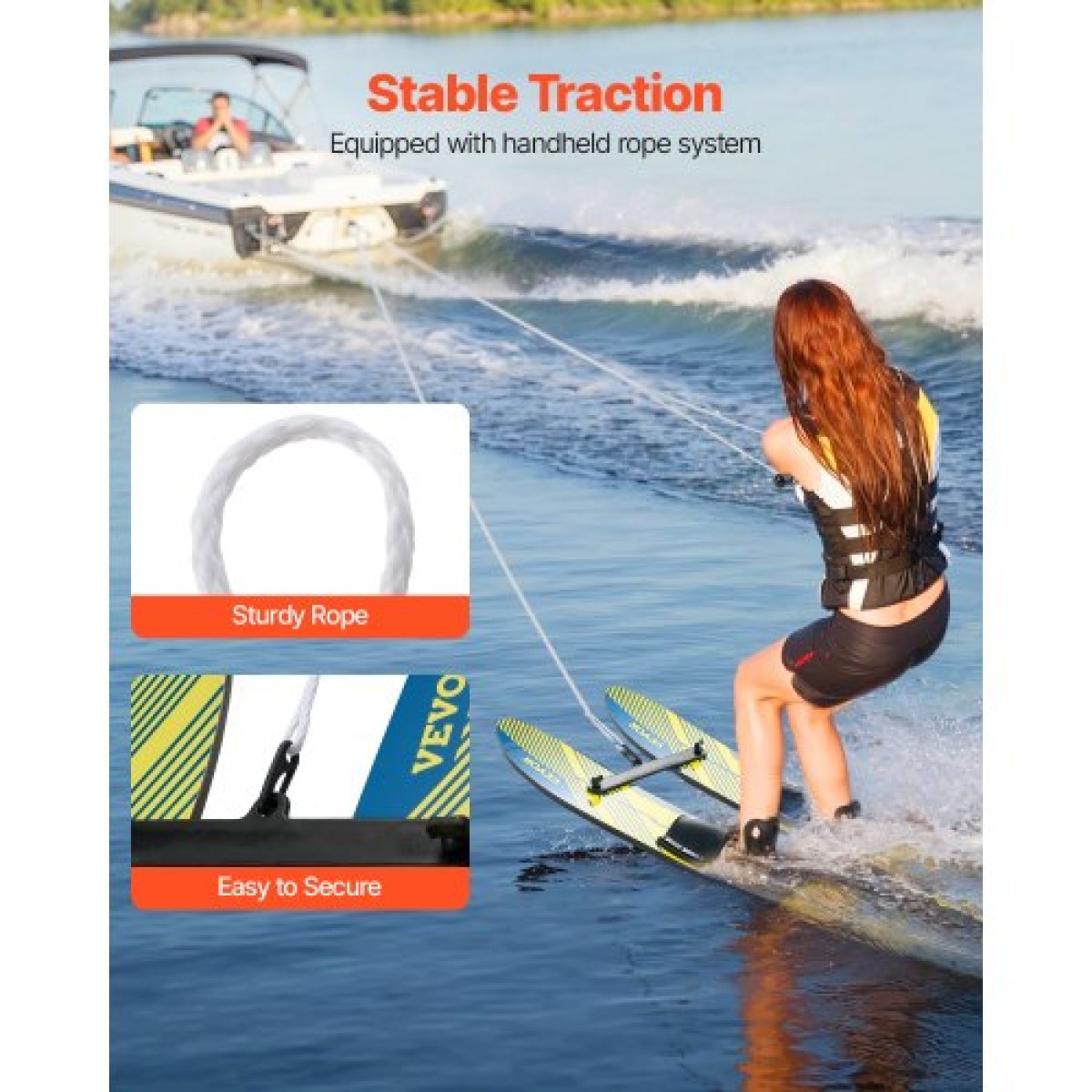 Θαλάσσιο σκι VEVOR 116,8 cm / 46 ίντσες, Εκπαιδευτικά θαλάσσιου σκι με ρυθμιζόμενα δεσίματα X-7, σχοινί διπλής λαβής & αφαιρούμενη σταθεροποιητική μπάρα, Training Waterskis Combo για νέους έως 136 κιλά