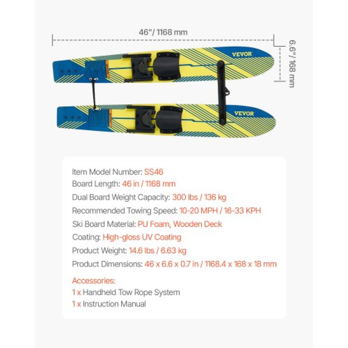 Θαλάσσιο σκι VEVOR 116,8 cm / 46 ίντσες, Εκπαιδευτικά θαλάσσιου σκι με ρυθμιζόμενα δεσίματα X-7, σχοινί διπλής λαβής & αφαιρούμενη σταθεροποιητική μπάρα, Training Waterskis Combo για νέους έως 136 κιλά