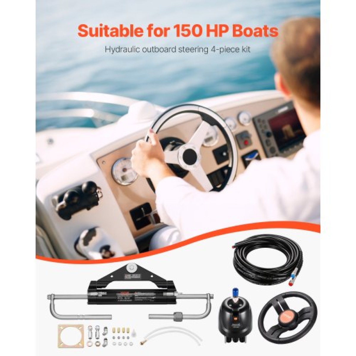 VEVOR 150HP Hydraulic Outboard Steering Kit, Marine Boat Hydraulic Steering System με τιμόνι 13,5 ιντσών, αντλία τιμόνι, υδραυλικό κύλινδρο & 2PCS 26FT σωλήνες για μονοκινητήρια σκάφη