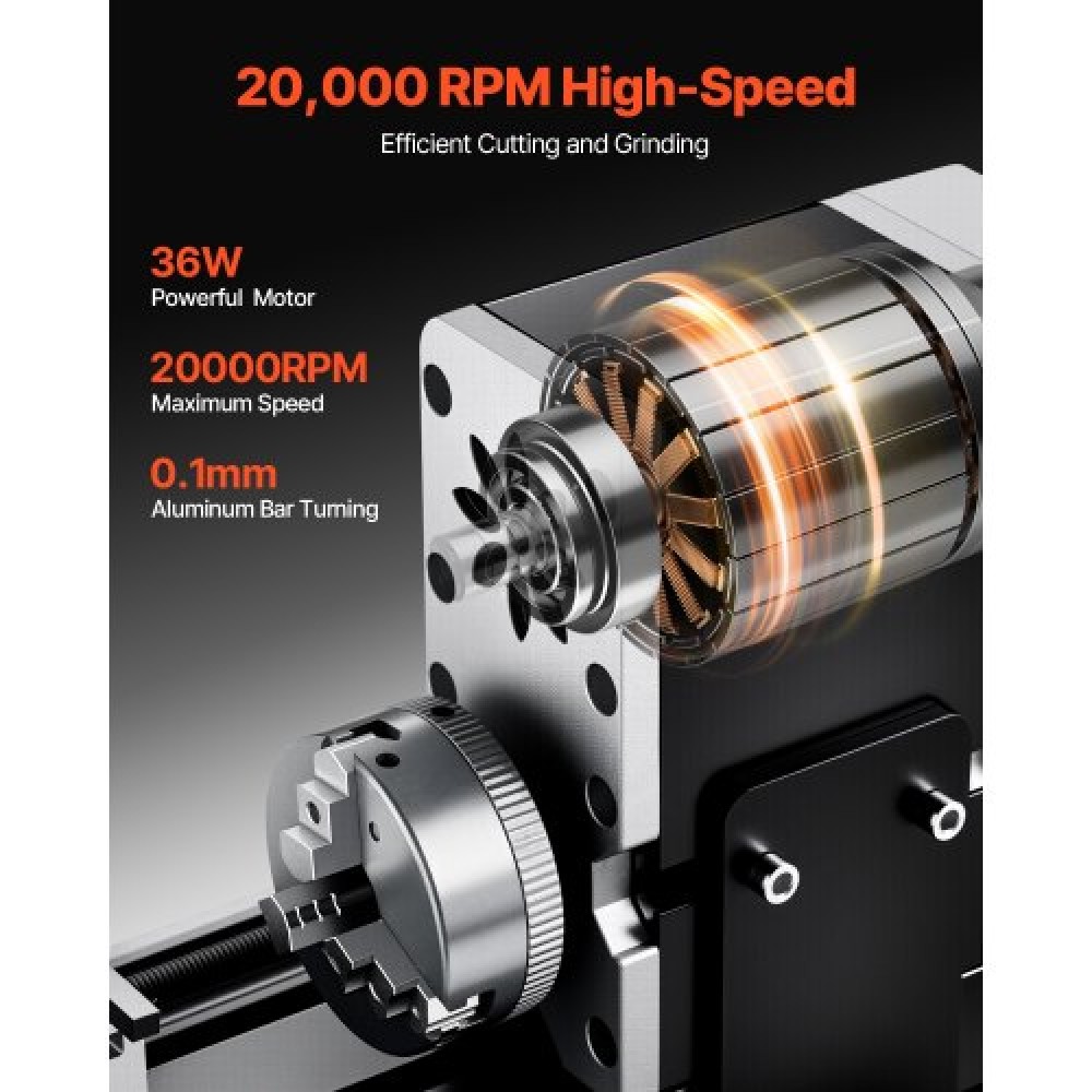 VEVOR Didactical Mini Metal Lathe Machine, 70 x 130 mm (2,76 x 5,12 in), 36W Power Μεταλλικός Τόρνος, 20.000 RPM Ταχύτητα, με τσοκ 3 σιαγόνων, χειροτροχός από κράμα αλουμινίου, για επεξεργασία εξαρτημάτων ακριβείας μαλακών μετάλλων ξύλου