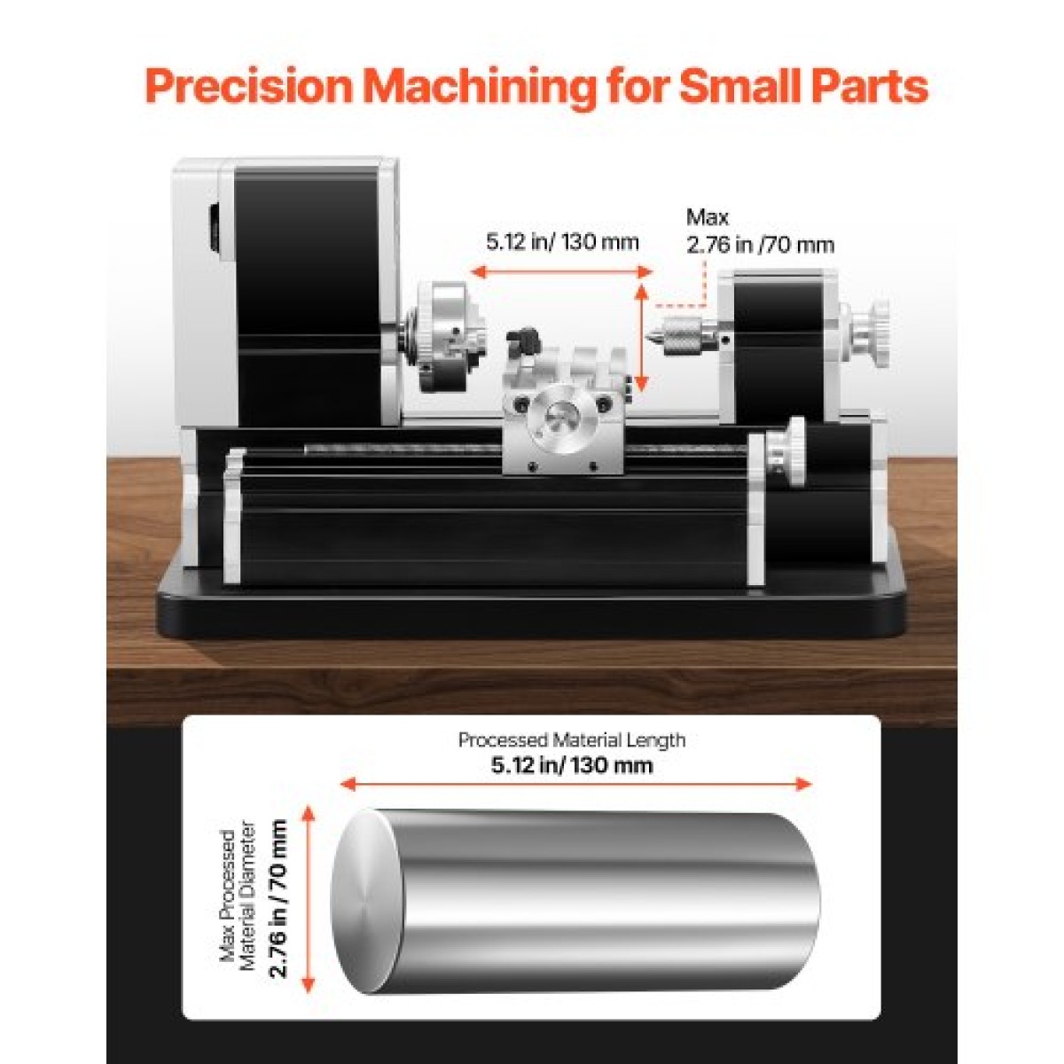VEVOR Didactical Mini Metal Lathe Machine, 70 x 130 mm (2,76 x 5,12 in), 36W Power Μεταλλικός Τόρνος, 20.000 RPM Ταχύτητα, με τσοκ 3 σιαγόνων, χειροτροχός από κράμα αλουμινίου, για επεξεργασία εξαρτημάτων ακριβείας μαλακών μετάλλων ξύλου