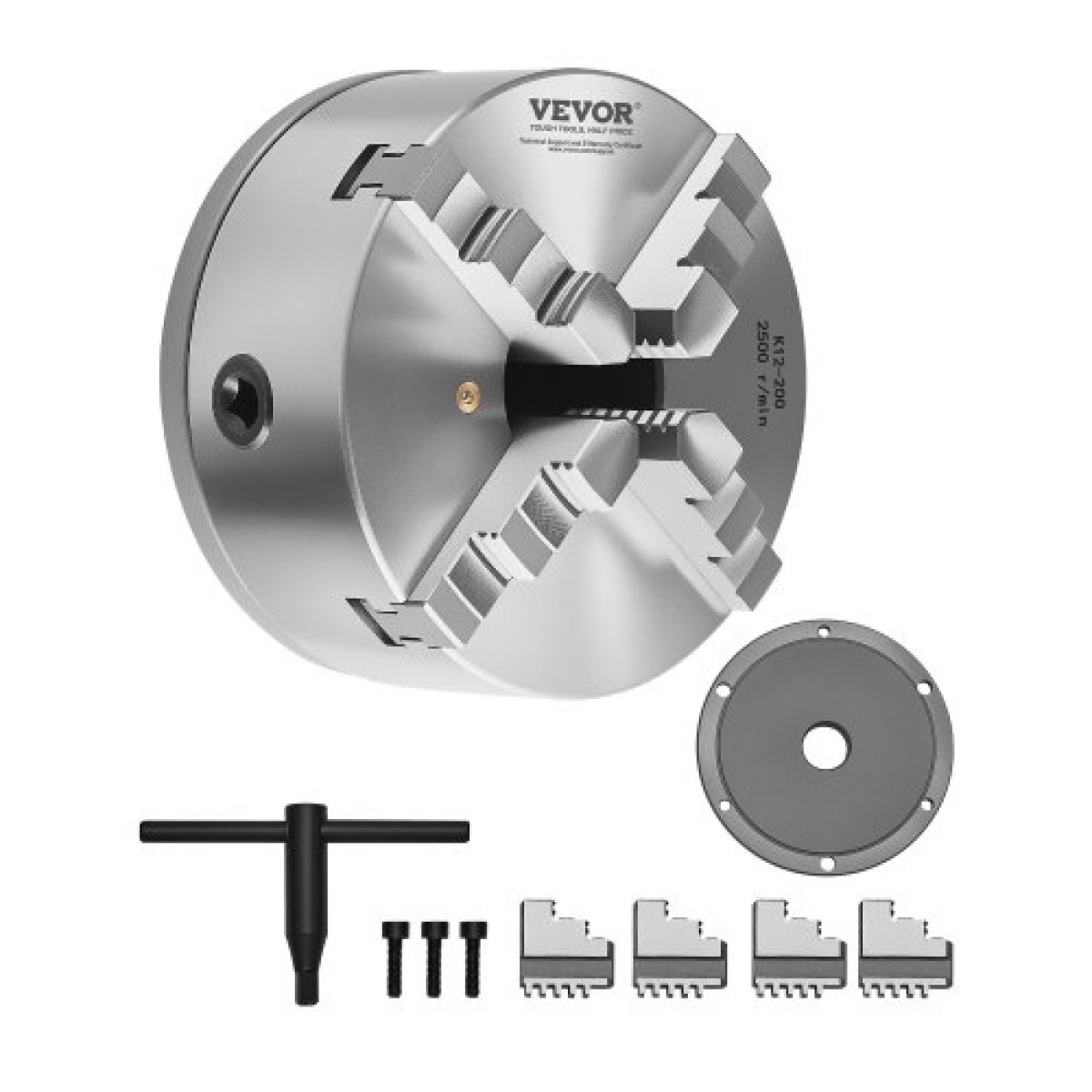 Τσοκ τόρνου VEVOR 4 σιαγόνων, 8 ιντσών (200 mm), τσοκ με αυτοκέντρο με πλάκα στήριξης με σπείρωμα 1 1/2 in-8, Εύρος σύσφιξης 0,16-7,87 ίντσες (4-200 mm) με βίδες με κλειδί T, υλικό HT300 για Ξύλο
