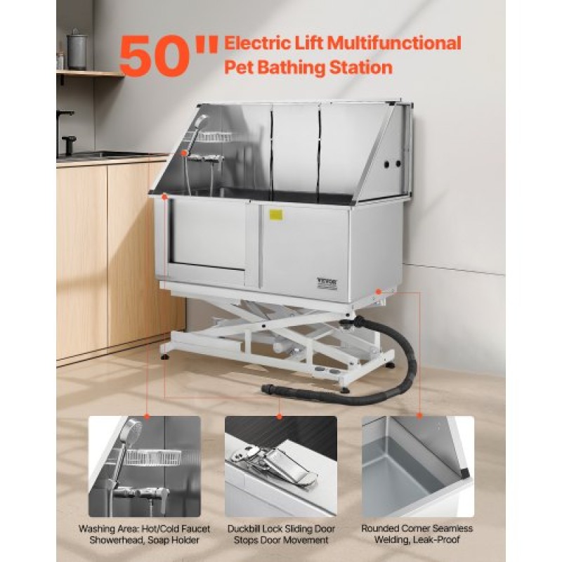 Σταθμός πλυσίματος σκύλων VEVOR Electric Lift, Επαγγελματική μπανιέρα περιποίησης κατοικίδιων από ανοξείδωτο ατσάλι 127 cm με σανίδα φίλτρου νερού PE, βρύση & νιπτήρας ντουζιέρας σκύλου για πολλά κατοικίδια (Αριστερή πόρτα)