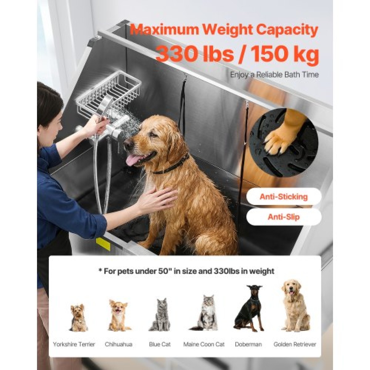 Σταθμός πλυσίματος σκύλων VEVOR Electric Lift, Επαγγελματική μπανιέρα περιποίησης κατοικίδιων από ανοξείδωτο ατσάλι 127 cm με σανίδα φίλτρου νερού PE, βρύση & νιπτήρας ντουζιέρας σκύλου για πολλά κατοικίδια (Αριστερή πόρτα)