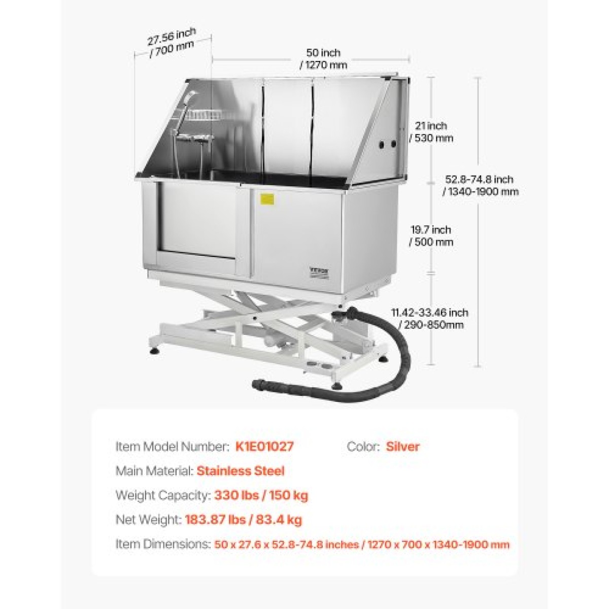 Σταθμός πλυσίματος σκύλων VEVOR Electric Lift, Επαγγελματική μπανιέρα περιποίησης κατοικίδιων από ανοξείδωτο ατσάλι 127 cm με σανίδα φίλτρου νερού PE, βρύση & νιπτήρας ντουζιέρας σκύλου για πολλά κατοικίδια (Αριστερή πόρτα)