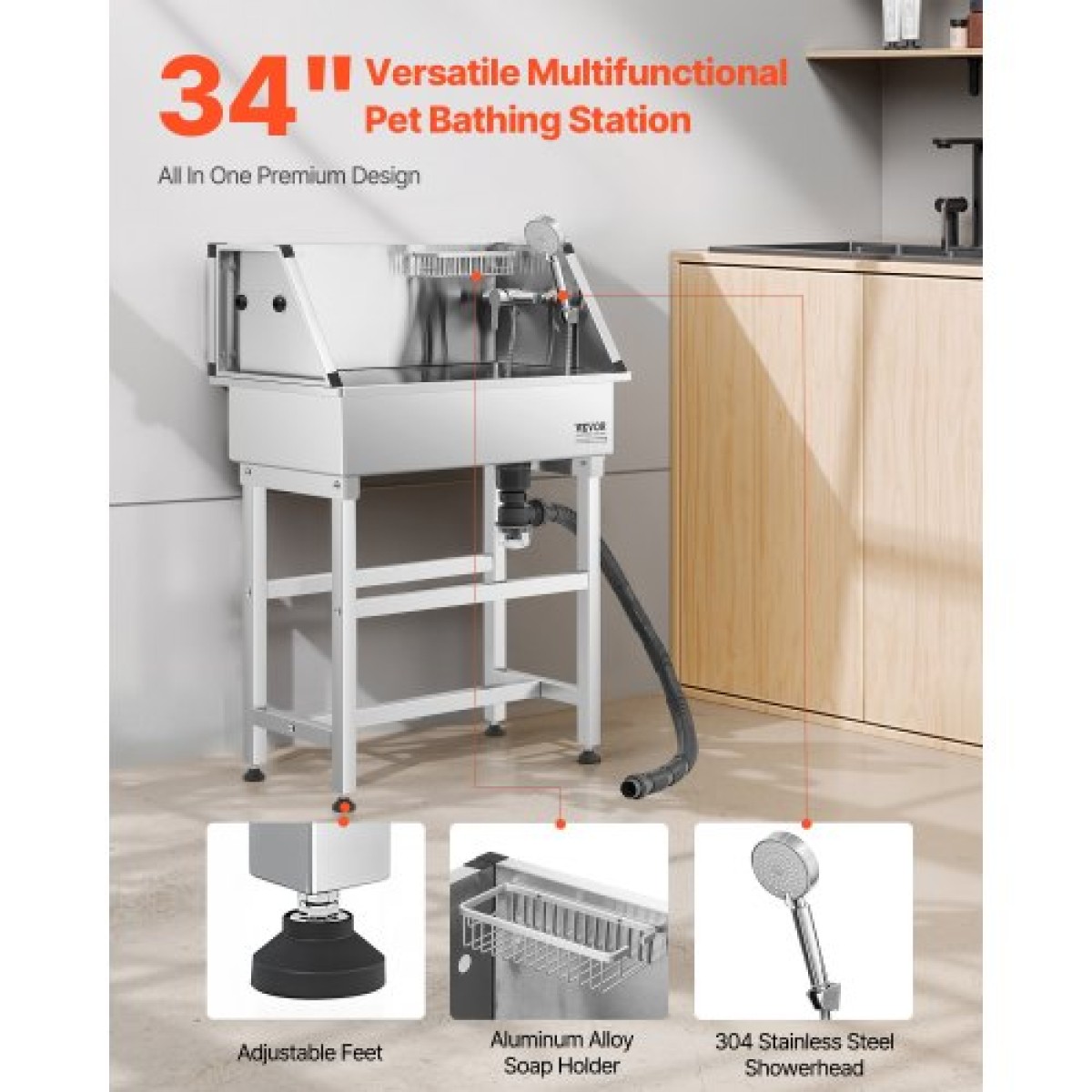 VEVOR 86,4 cm Σταθμός πλυσίματος σκύλων από ανοξείδωτο χάλυβα, Μπανιέρα περιποίησης κατοικίδιων με ζεστή και κρύα βρύση, ντουζιέρα, σχάρα αποθήκευσης, μπανιέρα all-in-one χωρίς κάμψη, νεροχύτης οικιακού πλυσίματος, ταιριάζει σε μικρές γάτες και σκύλους
