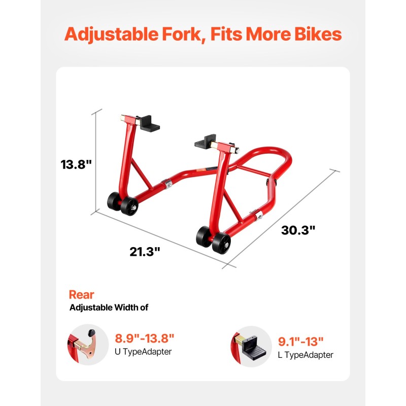 Βάση πίσω τροχού VEVOR μοτοσικλέτας, 850 LBS Load Capacity Heavy Duty Rear Wheel Stan with U + L Fork Swingarm Spool, Adjustabe Stand ανύψωσης μοτοσικλέτας, για Suzuki Yamaha Honda Kawasaki, κόκκινο