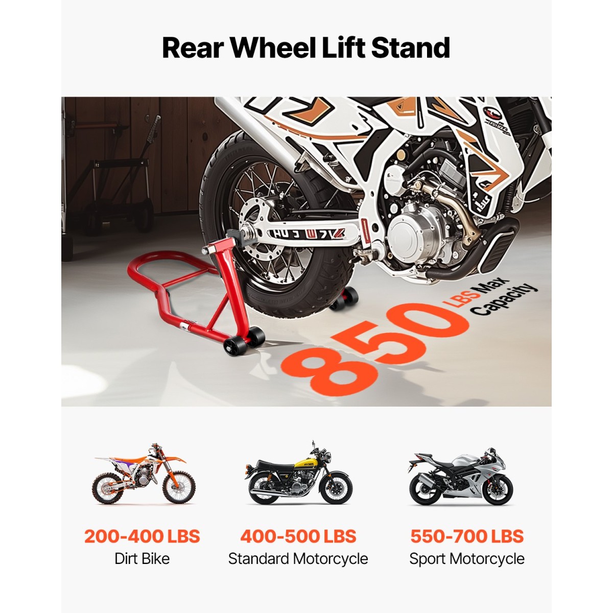 Βάση πίσω τροχού VEVOR μοτοσικλέτας, 850 LBS Load Capacity Heavy Duty Rear Wheel Stan with U + L Fork Swingarm Spool, Adjustabe Stand ανύψωσης μοτοσικλέτας, για Suzuki Yamaha Honda Kawasaki, κόκκινο